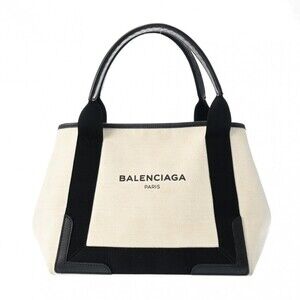 BALENCIAGA Cabas White Black Canvas Leather Handbag